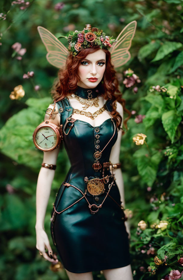 Woman in fairy costume with mechanical accessories in lush green setting