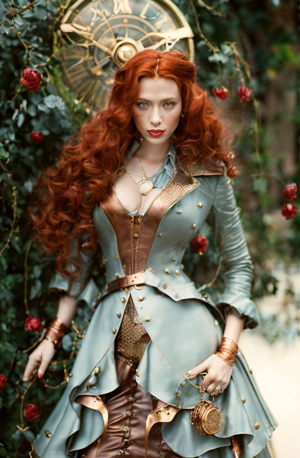 Fantasy-themed woman with long red hair in corset dress and brass accessories.