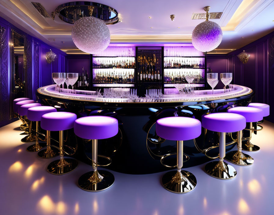 Modern bar with circular glowing counter, purple stools, white spherical light fixtures, and violet backdrop.