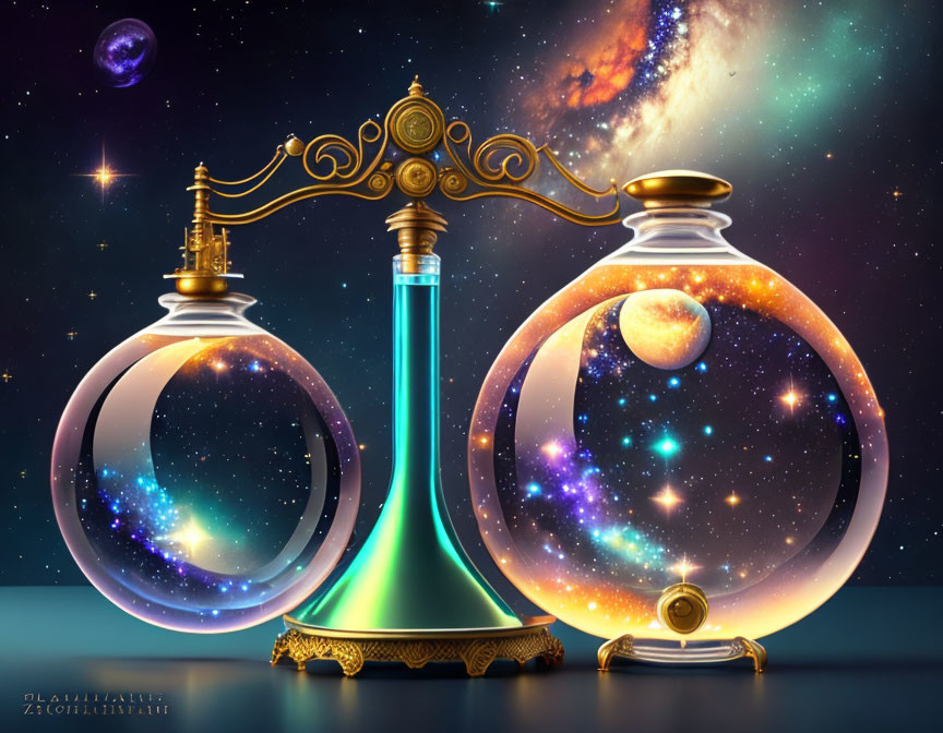 Ornate Cosmic-Themed Glass Bottles Against Starry Space Backdrop