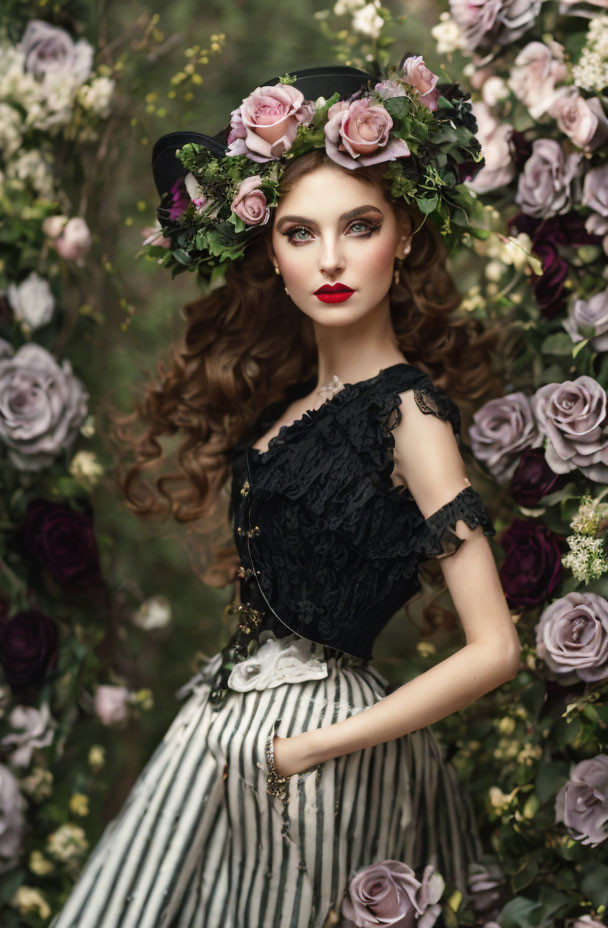 Woman with wavy hair in floral headpiece, black lace top, striped pants against rose backdrop