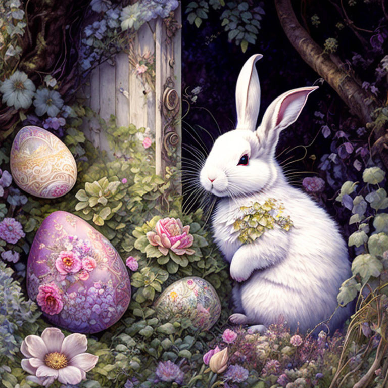 White Rabbit Surrounded by Flowers and Colorful Eggs in Mystical Garden