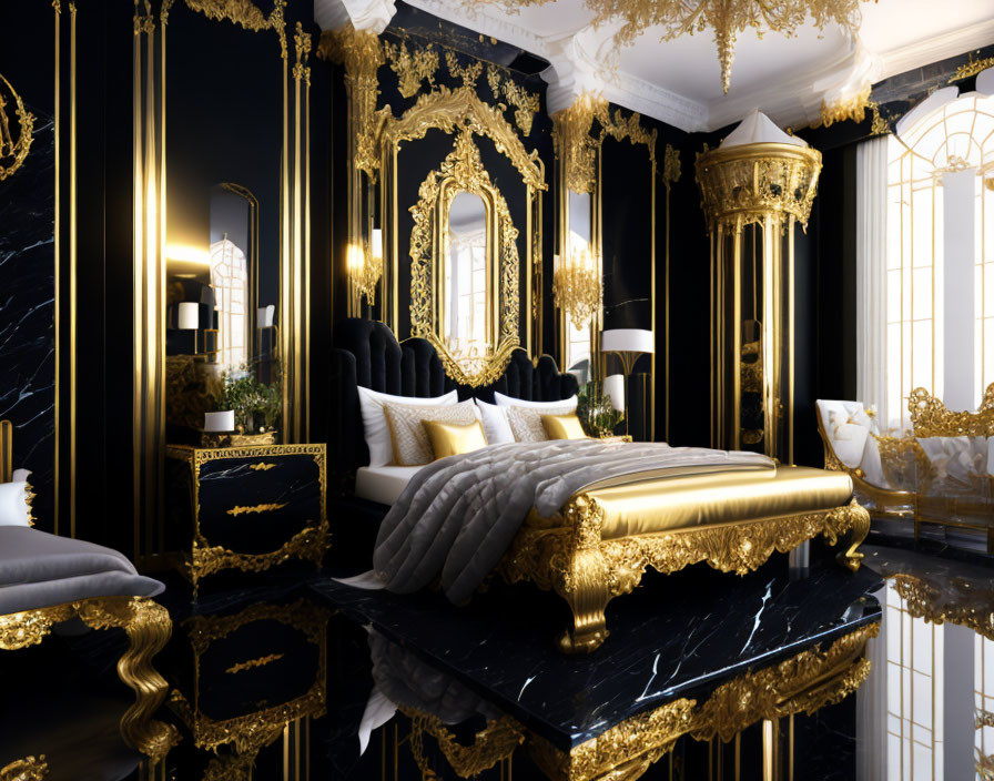 Opulent Bedroom with Golden Accents and Plush Black Bed