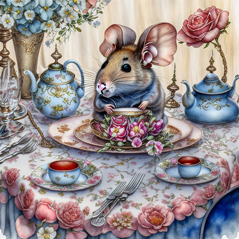 Illustration of a mouse at a tea table with floral decor.