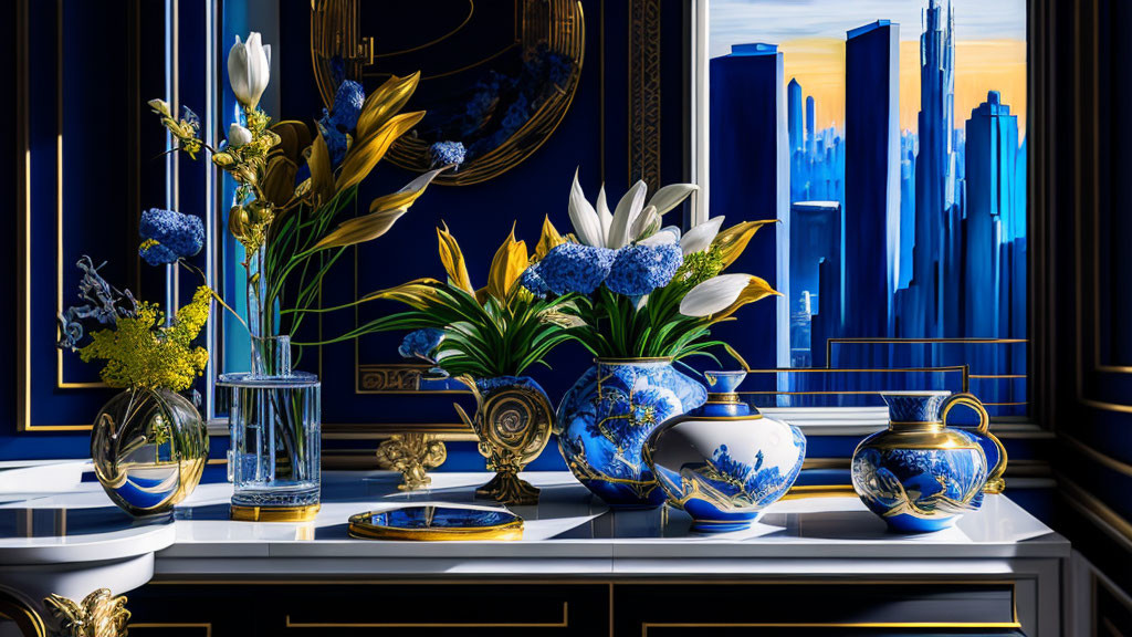 Blue and White Porcelain Vases and Floral Arrangements in Elegant Interior