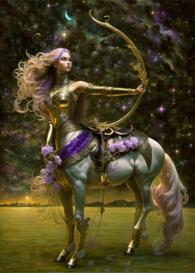 Fantasy centaur archer in golden armor under starry sky