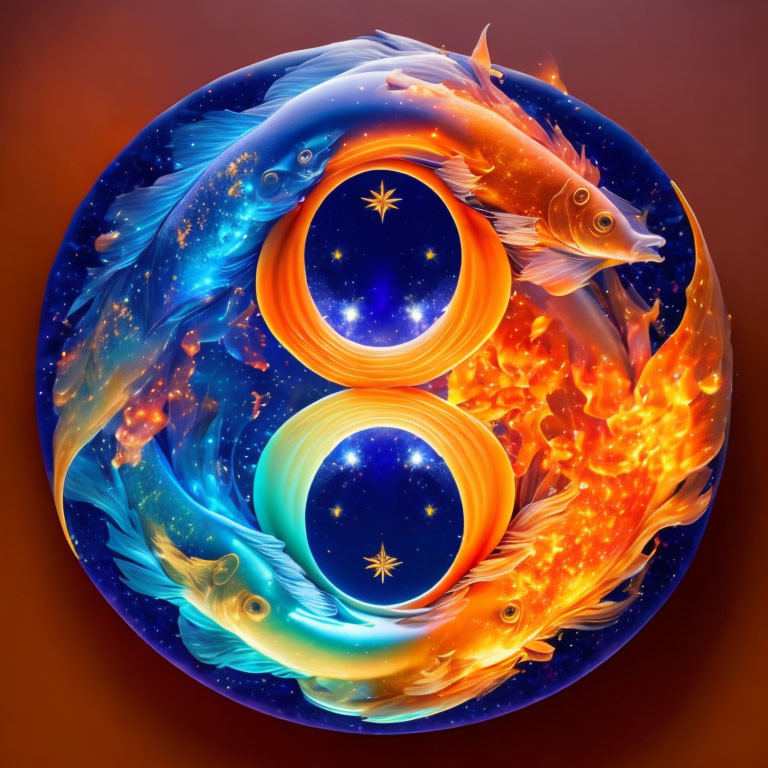 Colorful Yin-Yang Koi Fish Artwork with Fire, Water, and Cosmic Elements