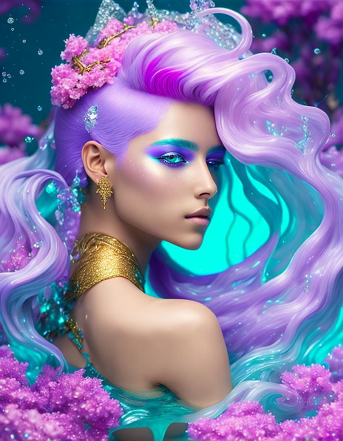 Vibrant pink-purple hair and blue makeup with matching floral background.