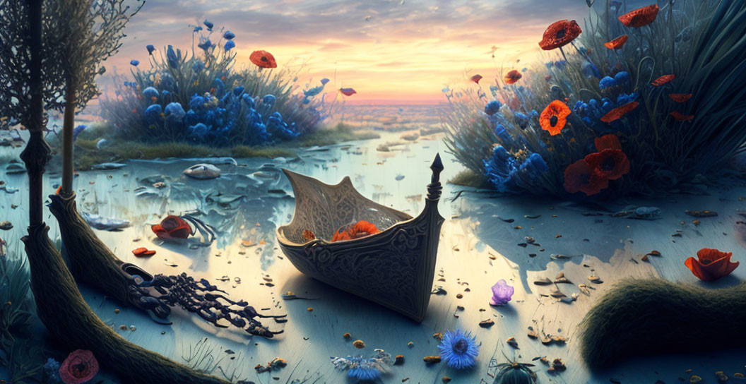 Tranquil waterway with floating flowers and stranded boat