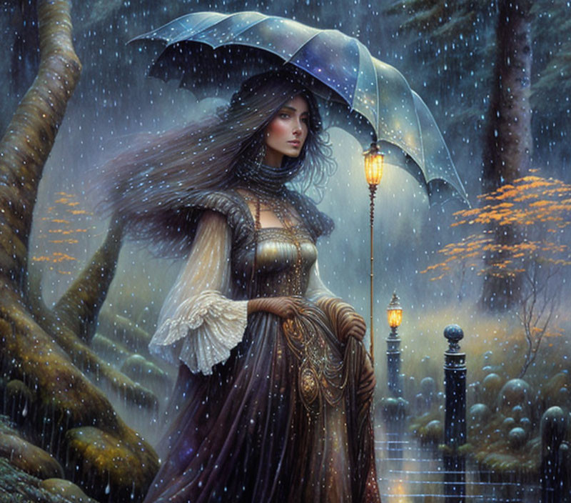 Vintage-dressed woman with umbrella near lamp post in snowy forest