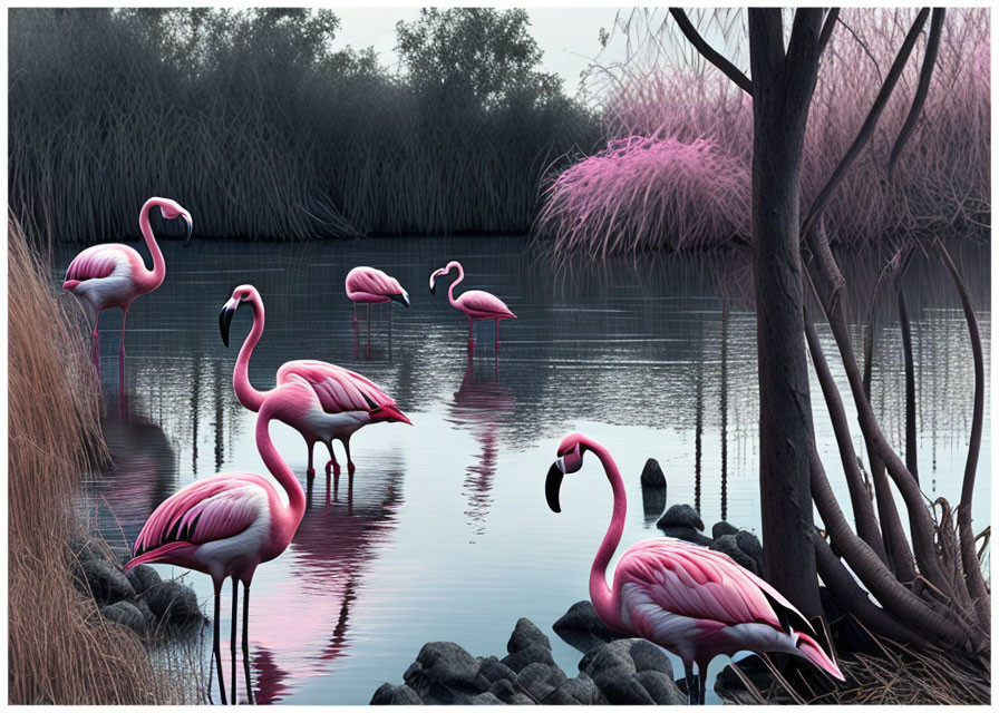 Pink flamingos in serene lake with dark trees and reeds under gloomy sky