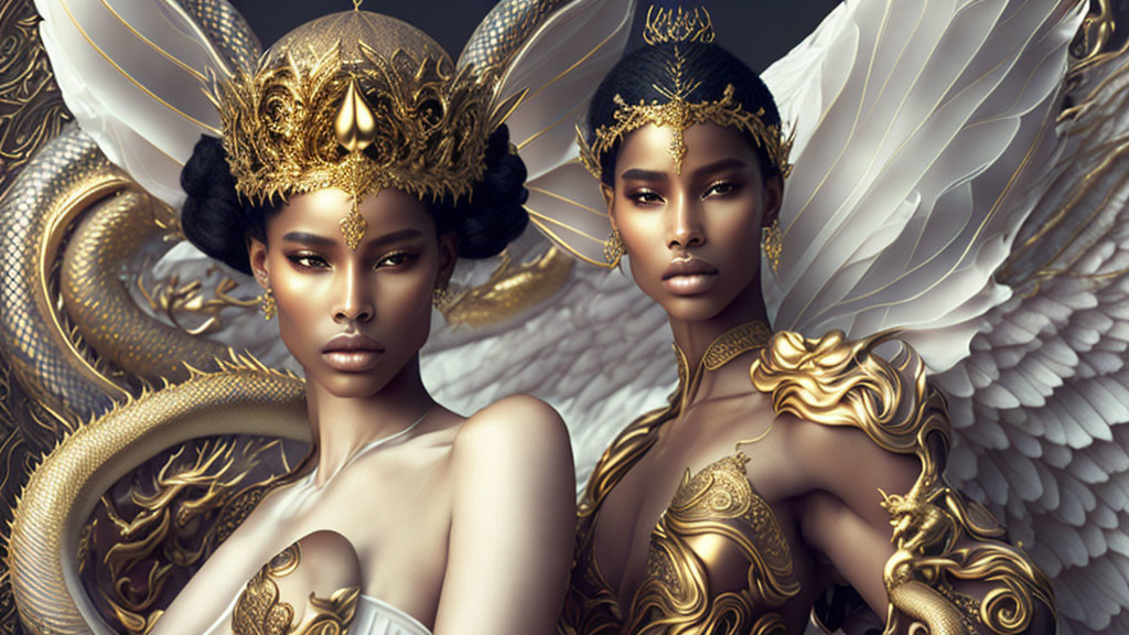 Two women wearing golden crowns and jewelry, one with serpent accessories and the other with angelic wings