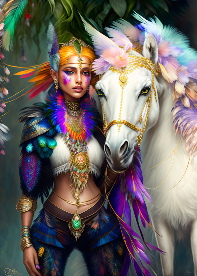 Colorful Feathered Woman with White Horse in Misty Green Setting