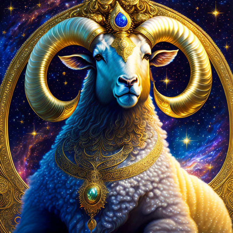 Golden-horned ram with jewelry on cosmic background and circular frame