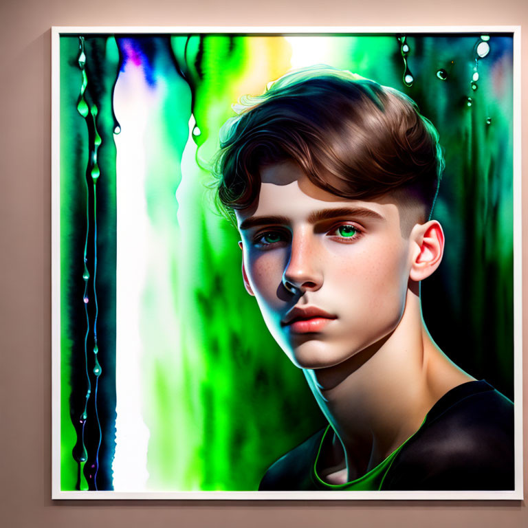 Young male with distinct features in digital portrait against abstract background