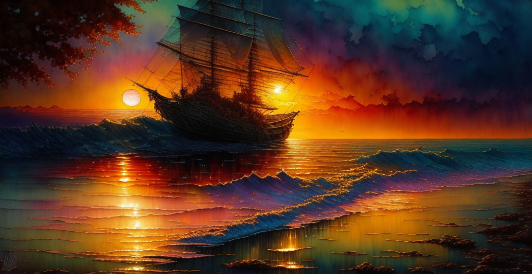 Vivid sunset painting: tall ship, radiant colors, dramatic sky