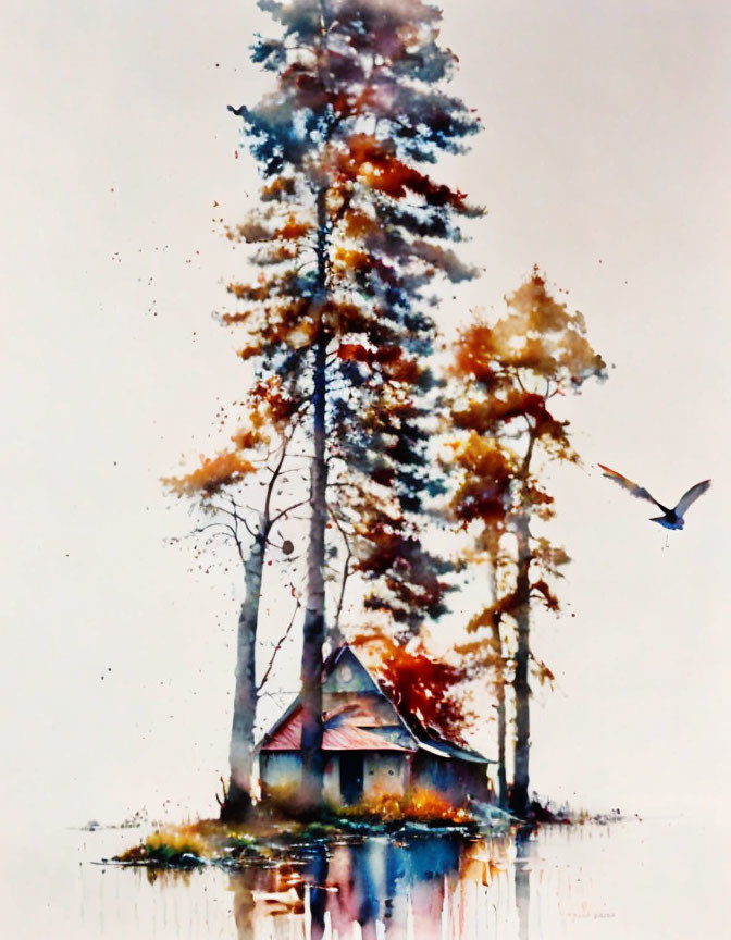 Tranquil watercolor painting of cabin under autumn trees with bird.