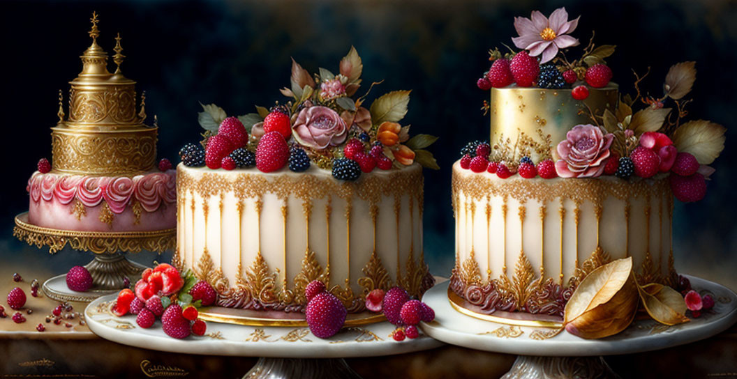 Elegant ornate cakes with berries, flowers, golden accents, and dripping icing on dark backdrop