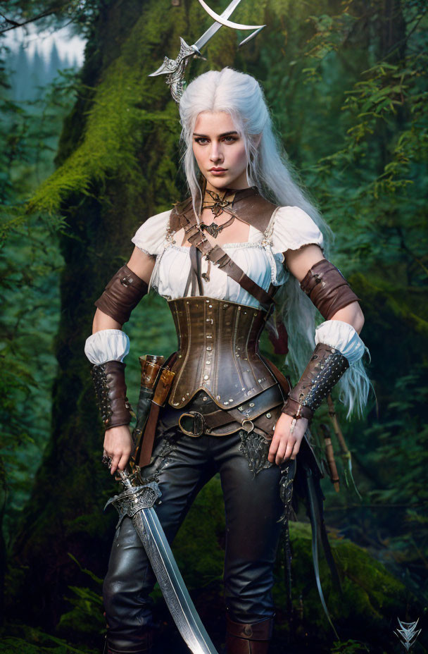 Fantasy-Inspired Costume with White Hair, Leather Armor, and Sword in Forest Setting