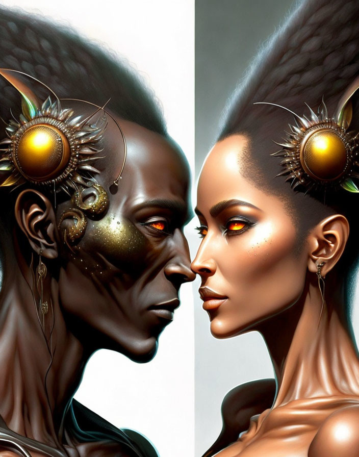 Stylized portraits: Dark-skinned male and female with golden sun earrings