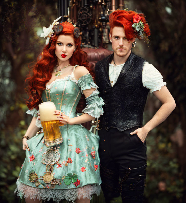 Couple in Vintage Clothing with Red Hair in Steampunk Style