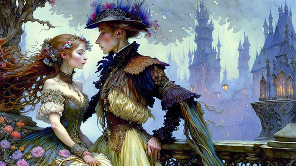 Fantasy characters in romantic pose with gothic castle.