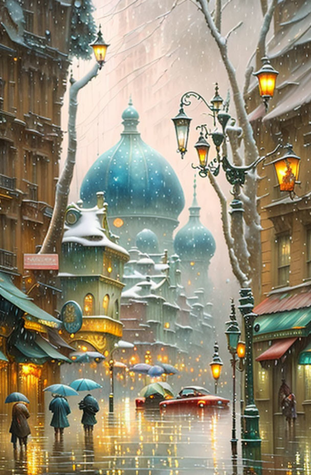 Snowy city scene with pedestrians, vintage street lamps, vehicles, and blue domed building in tranquil