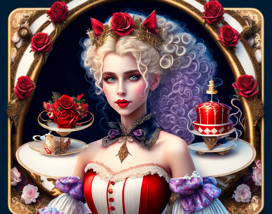 Pale-skinned character with white curly hair, red cat ears, roses, royal red & white dress