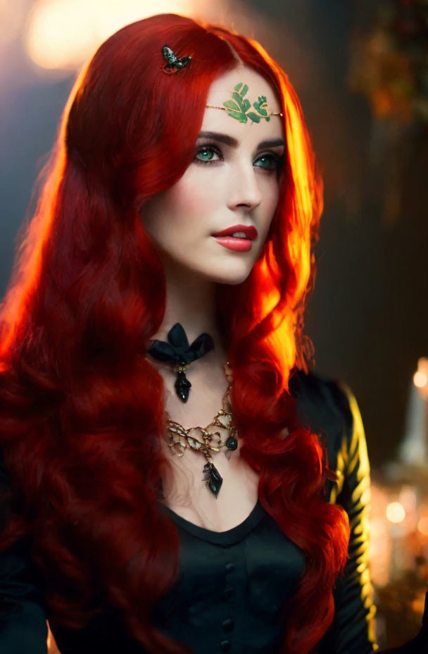 Red-Haired Woman with Green Leaf Design, Black Top, and Necklace