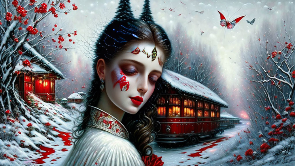 Fantasy artwork: Woman with elaborate makeup and jewelry in snowy backdrop.