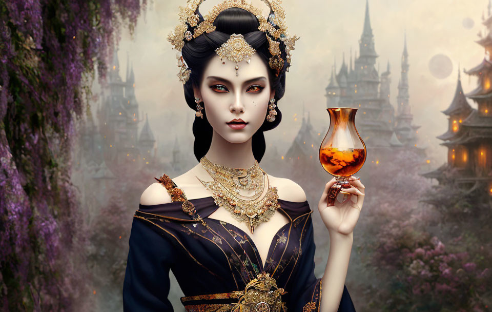 Regal woman in ornate attire with glass vial, amidst purple flora