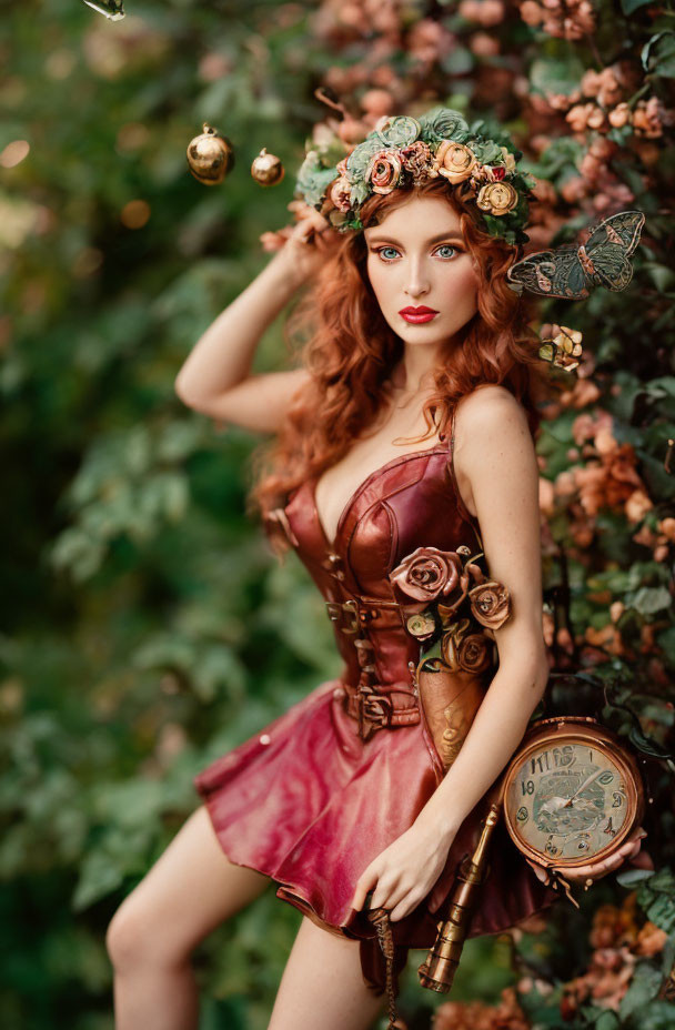 Whimsical steampunk outfit with floral headpiece and clock accessory