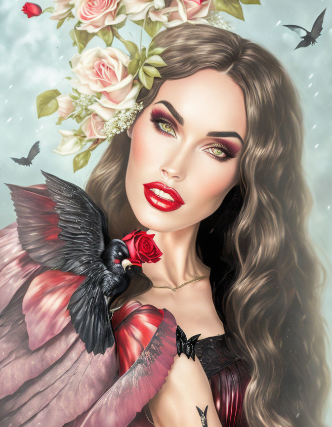 Digital artwork of woman with wavy hair, surrounded by flowers, birds, holding rose, dramatic makeup