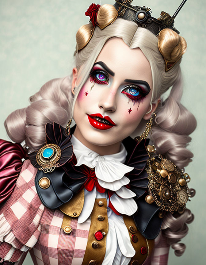 Fantasy steampunk-inspired outfit with artistic makeup and crown.