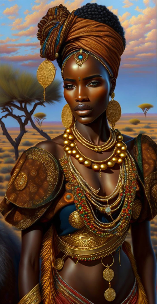 Woman in golden jewelry and headwrap on African savannah with acacia tree.