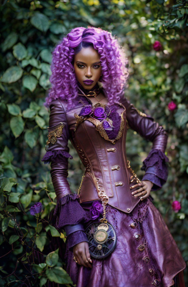 Purple-haired woman in Victorian attire with corset, ruffled skirt, roses, and timepiece against