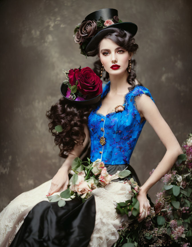 Woman in Blue Top Hat and Lace Bodice with Bouquet in Vintage Portrait