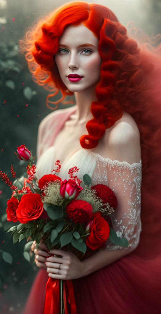 Red-Haired Woman Holding Red Flowers Against Dreamy Background