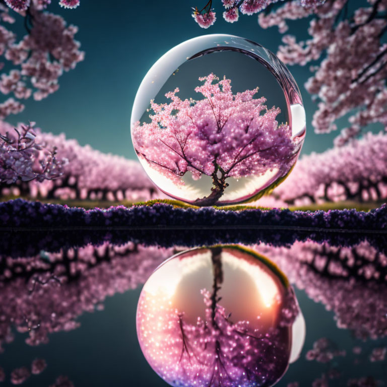 Crystal ball magnifies cherry blossom tree against twilight sky & serene water reflection.
