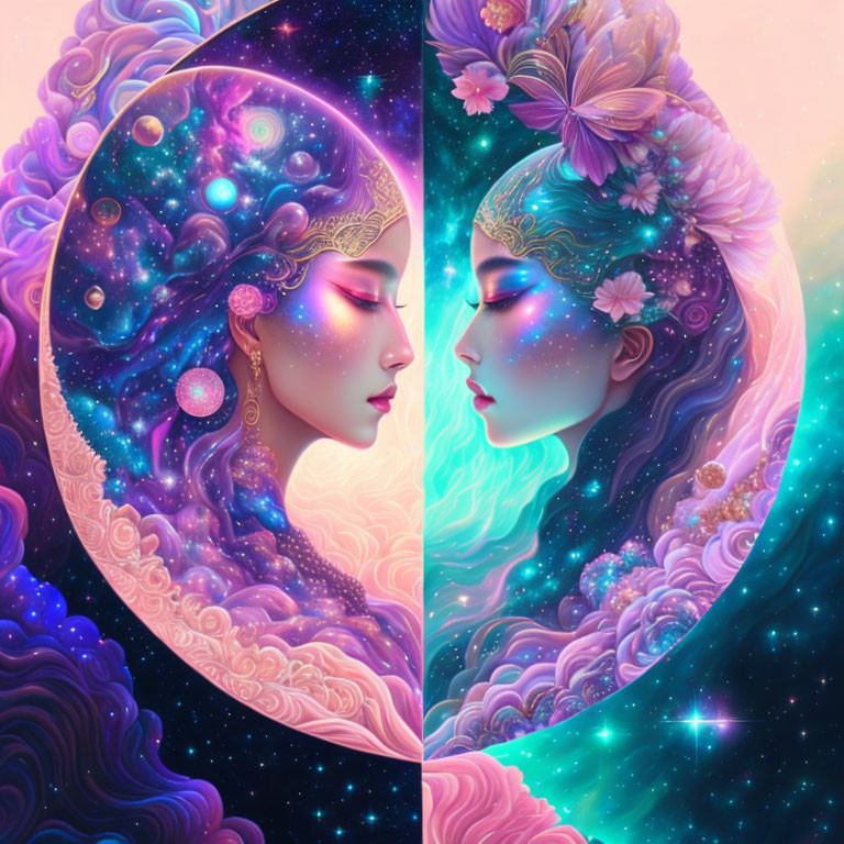 Stylized portraits of women with cosmic and floral motifs contrast dark and light themes in vibrant colors.