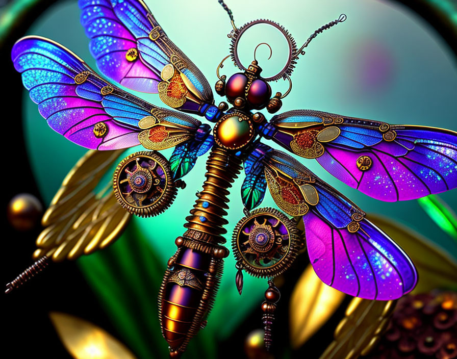 Mechanical dragonfly artwork with shimmering wings