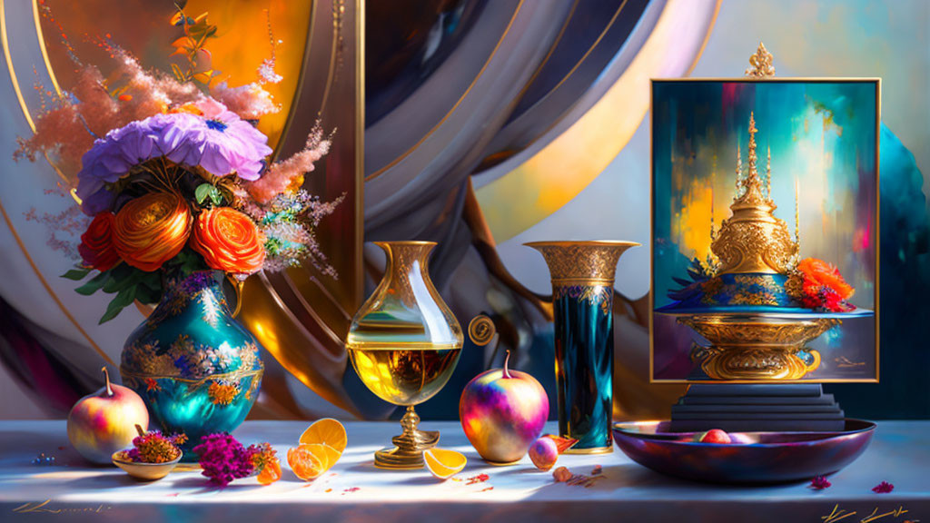 Colorful still life painting with bouquet, fruits, golden pitcher, vases, and temple picture on