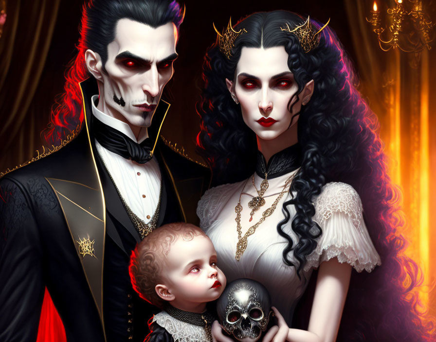 Gothic vampire family with baby skull in dark setting