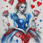 Illustration of woman in blue Victorian dress with red accents and crown, surrounded by hearts and roses