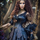 Detailed Steampunk Outfit with Corset and Lace Sleeves in Greenery Setting