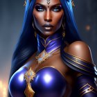 Blue-skinned fantasy character in golden crown and armor, exuding mystical aura