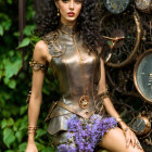 Steampunk-themed woman surrounded by vintage clocks and cog details