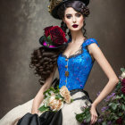 Woman in Blue Top Hat and Lace Bodice with Bouquet in Vintage Portrait