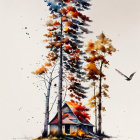 Tranquil watercolor painting of cabin under autumn trees with bird.