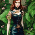 Woman in fairy costume with mechanical accessories in lush green setting